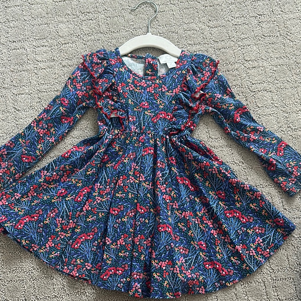 Blue and Red Pleated Smocked Sundress with Bishop Sleeves